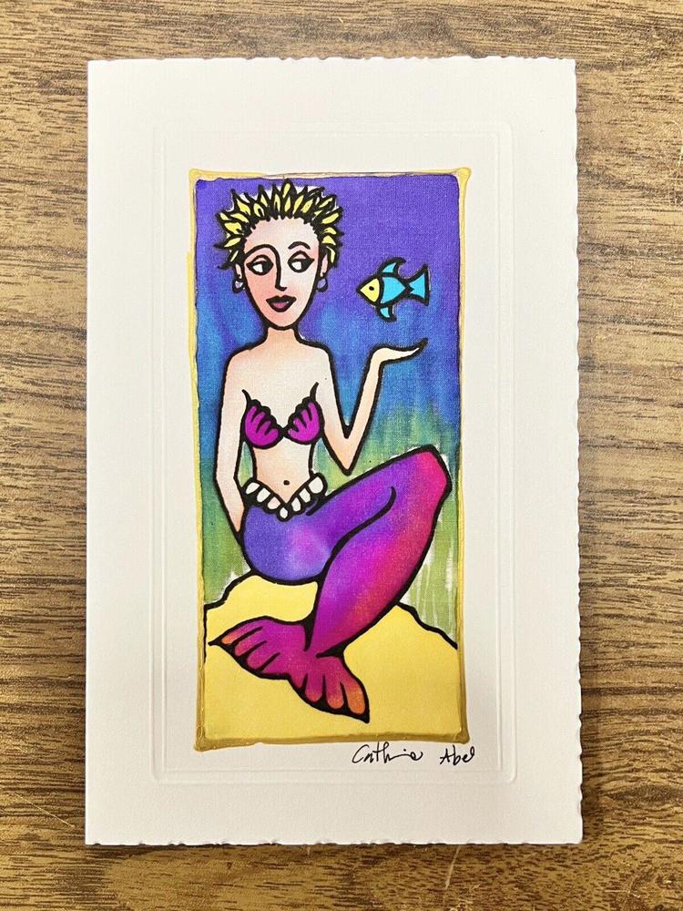 Catherine Abel 1/1 Hand-painted Silk Greeting Card Art Original Signed Mermaid